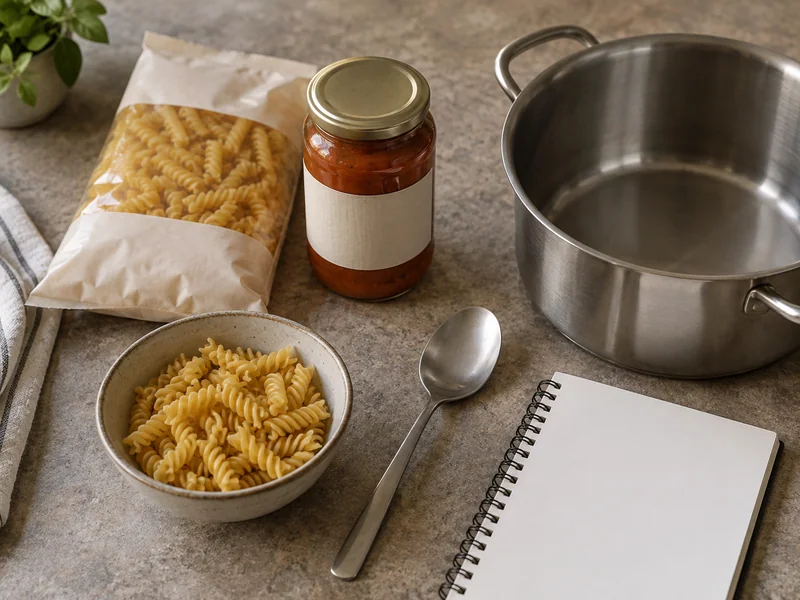 Plain food packages, dry spiral pasta and a clean pot for meal planning.