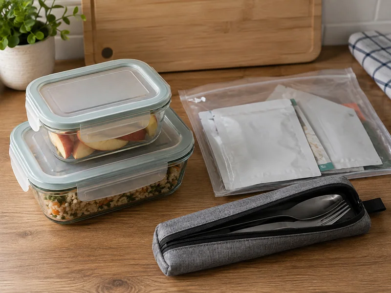Food containers beside retained packaging and a separate utensil pouch.
