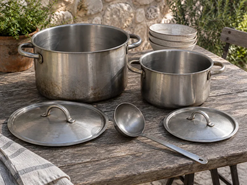Different-sized cooking pots and a ladle beside empty serving bowls.