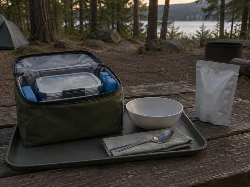 A separate closed meal container and place setting beside an insulated bag.