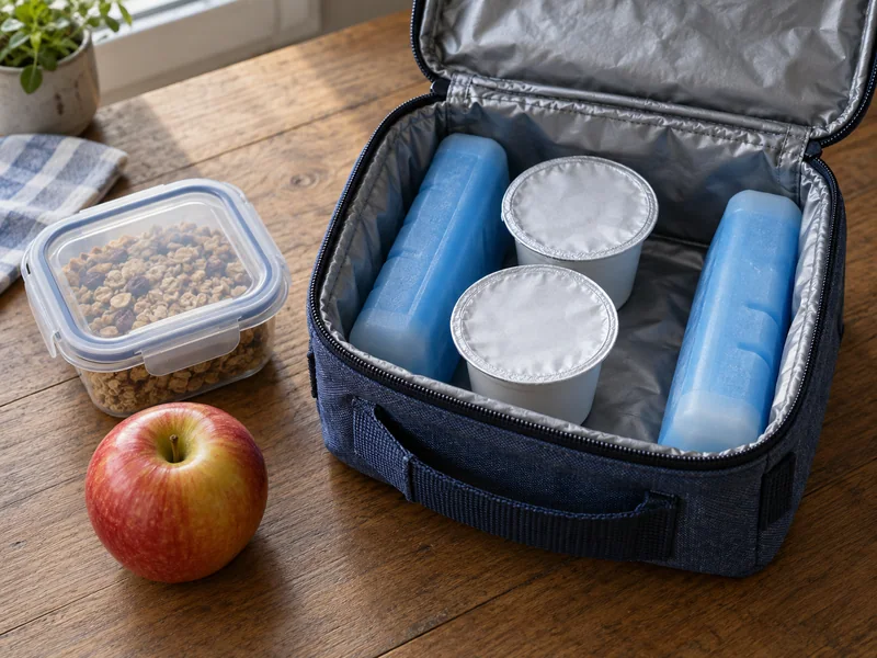 Closed yogurt portions, dry granola and fruit beside an insulated bag.