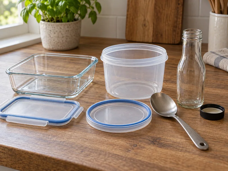 Wide food containers and a small dressing bottle with their lids nearby.