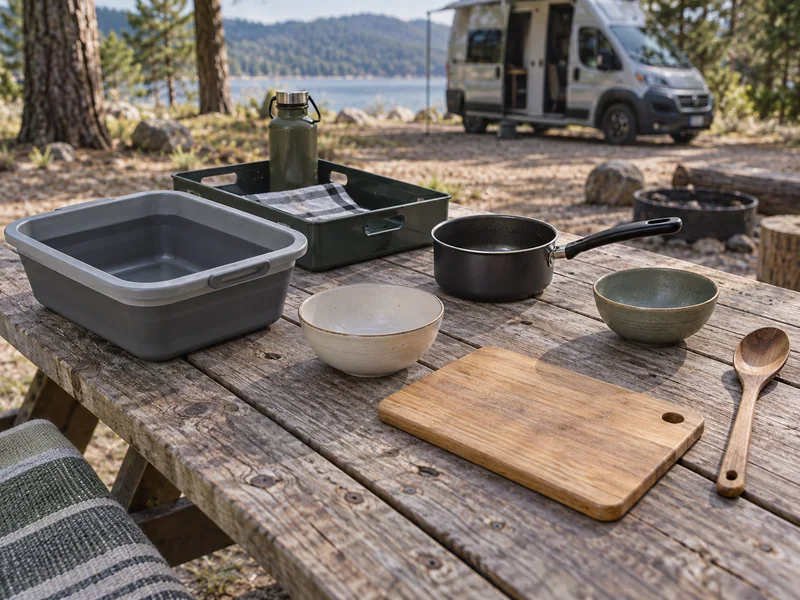 Board, pan, bowls and wash basin arranged for a campervan kitchen rehearsal