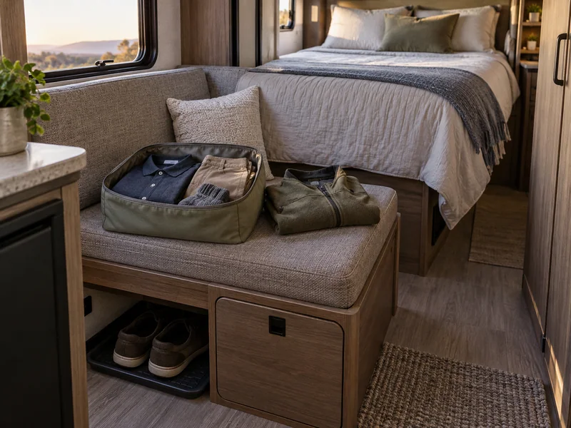 Complete folded outfit in a small pouch on an accessible RV bench