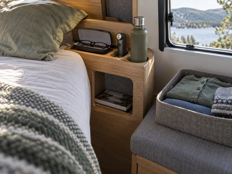 Bedside cubby with glasses and a small light beside a folded morning outfit