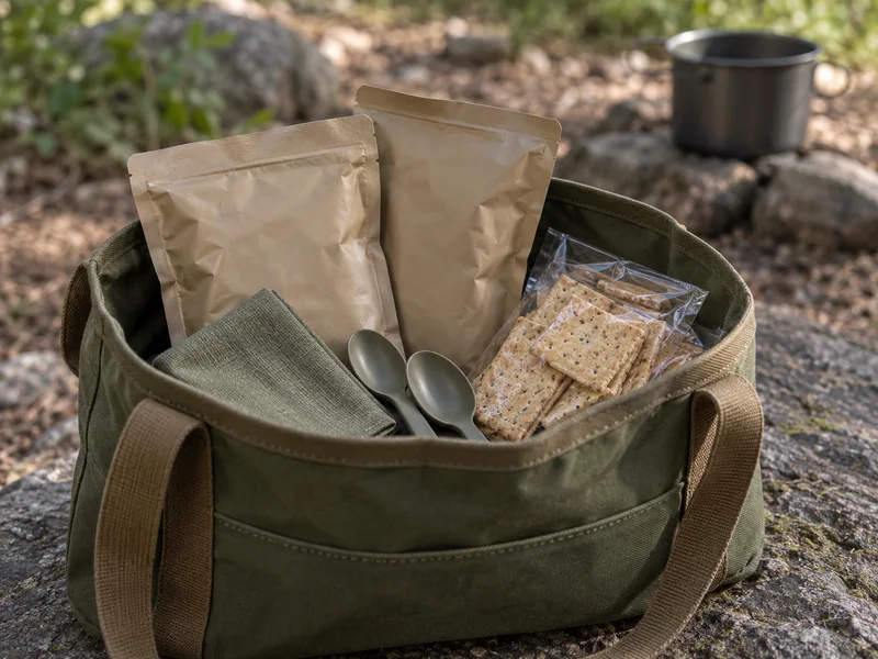 Unopened food pouches, crackers and utensils grouped as a reserve meal.