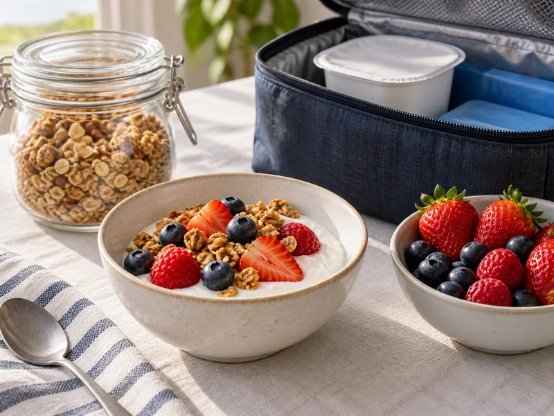 Yogurt and granola in separate containers beside a fruit bowl.