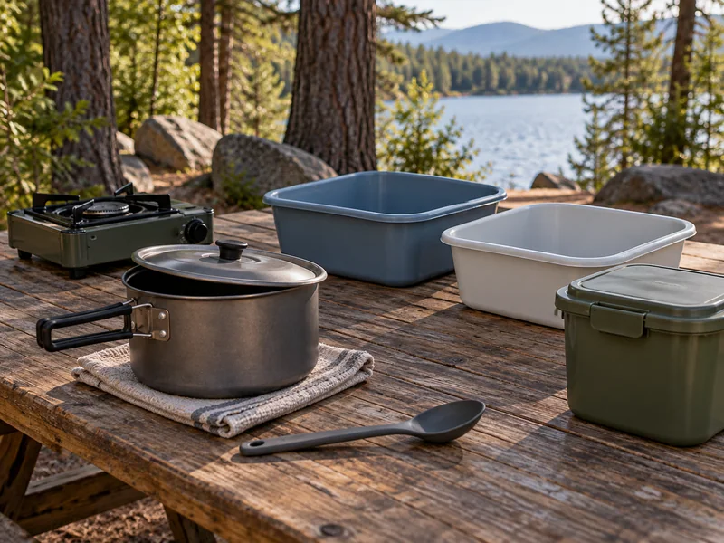 A lidded pot, serving spoon, two empty wash basins and a closed waste container on a camp table.