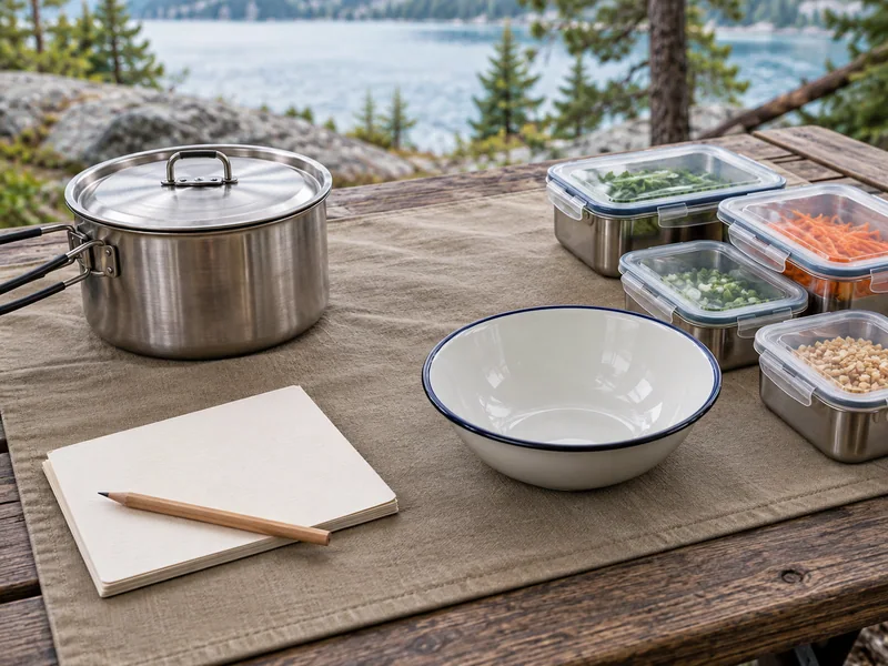 A blank sequence card beside a pot, serving bowl and separate cold ingredients for a one-burner meal.