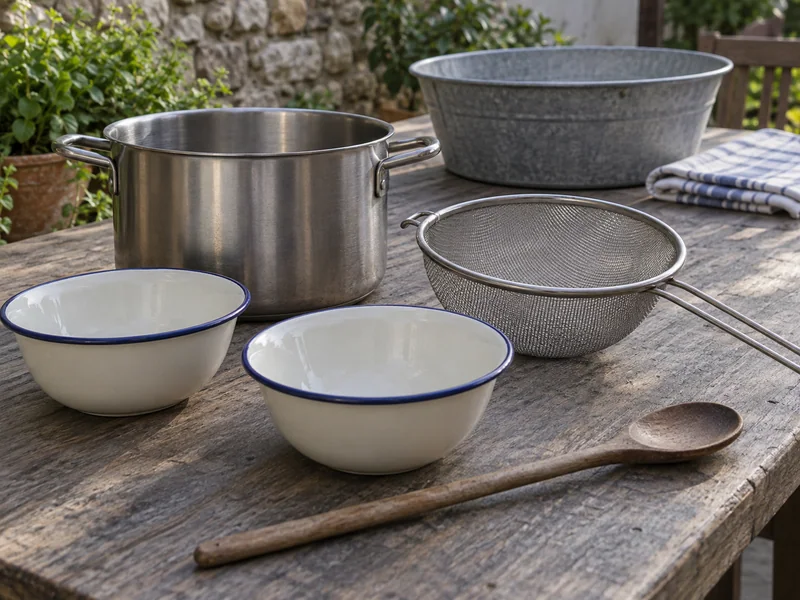 An empty camping pot, strainer, bowls and spoon beside a wash basin.