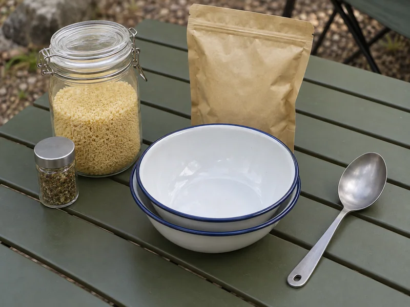 Couscous, seasoning and a sealed food pouch beside two camp bowls.