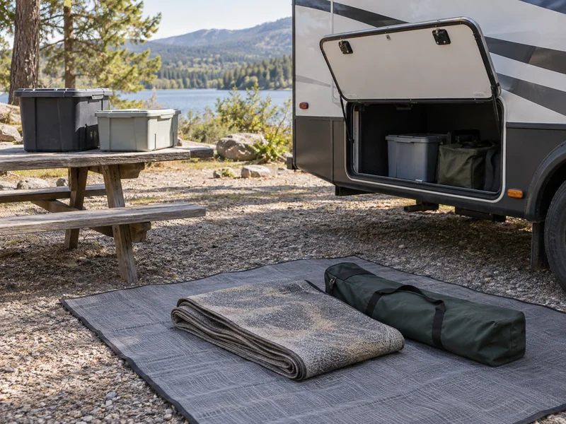Outdoor mat and chair bag separated from closed clean supply bins beside an RV