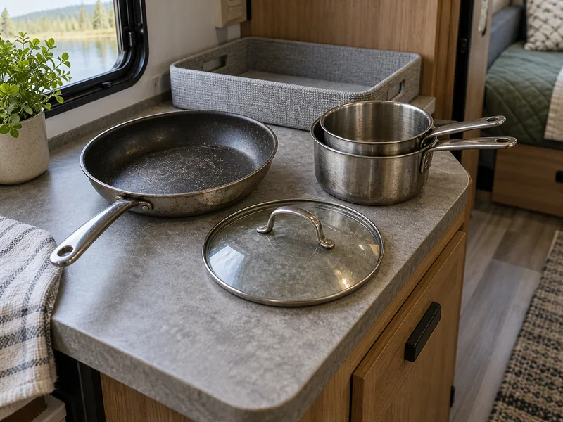 Daily pan and lid laid separately beside a small stack of occasional cookware