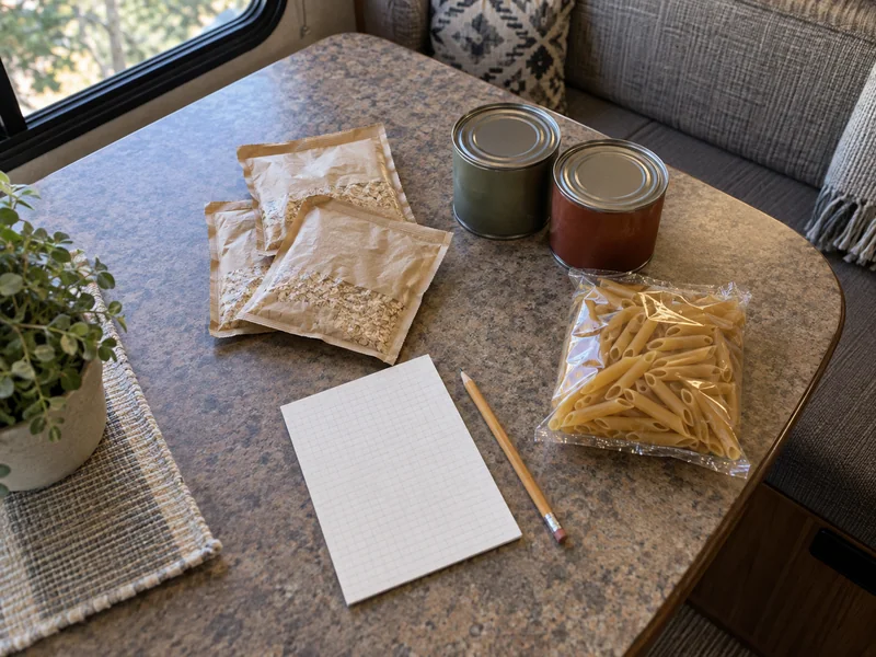Sealed food packets and a blank inventory card on an RV table