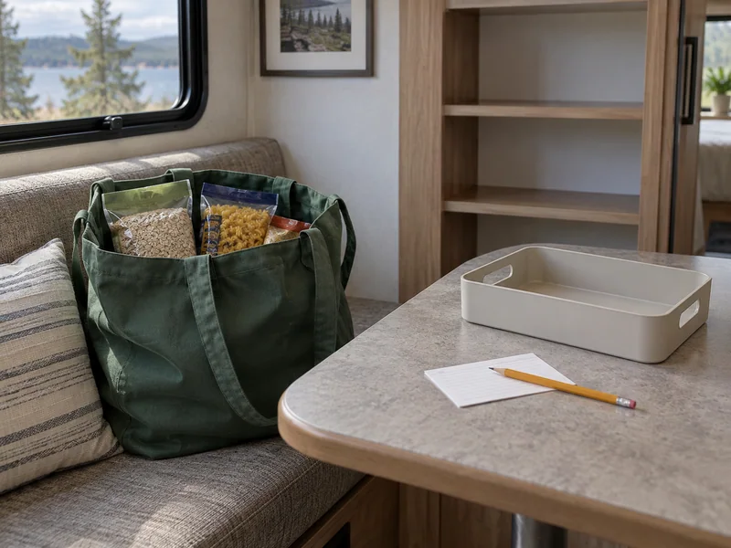 Reusable grocery bag and sealed pantry packages ready for an RV stock reset