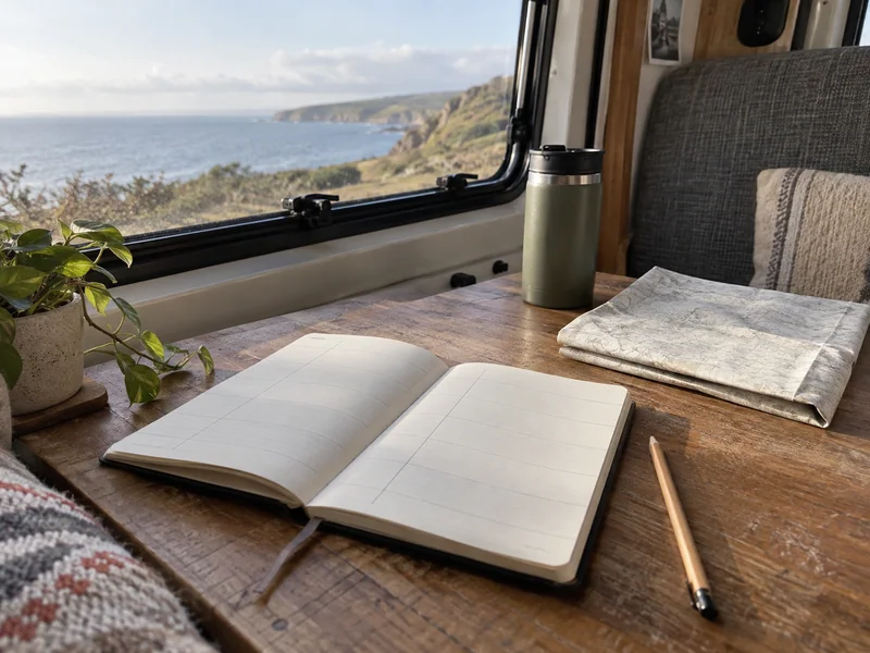 Plain trip notebook, closed road map and travel mug on a campervan table