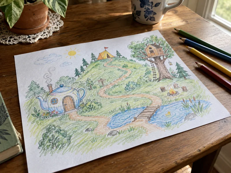 Hand-drawn imaginary campsite with winding paths and unusual shelters on a sheet of paper