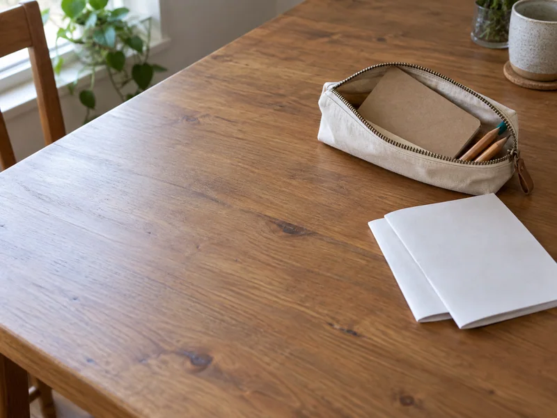 Paper activity sheets and a few pencils fitting into a small canvas pouch beside a cleared table