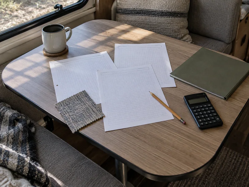 Blank project worksheets, pencil and calculator on a camper dinette