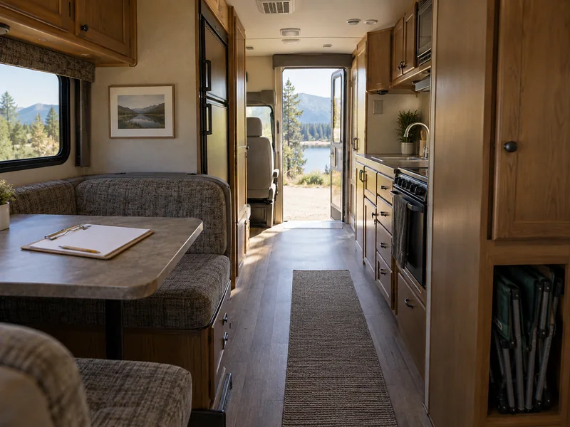RV interior with closed cabinet doors, a clear aisle and a blank departure checklist on the table