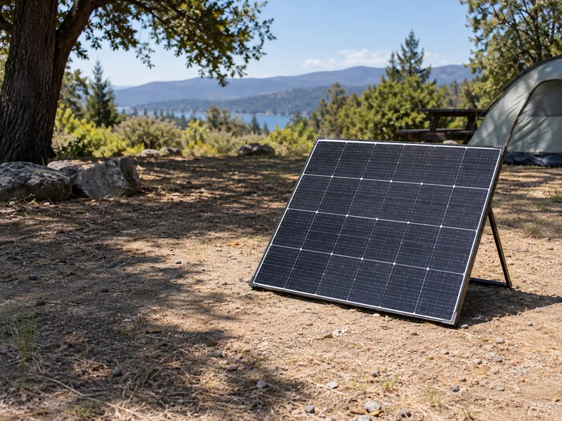 Portable solar panel near the boundary between open sunlight and tree shade