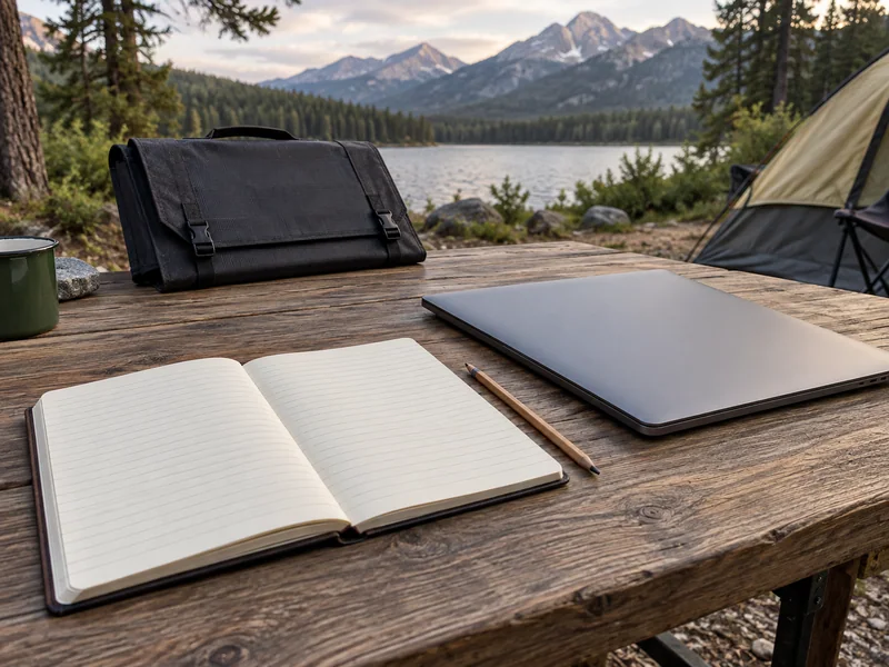 Blank energy-planning notebook beside a closed laptop and a folded portable solar panel case