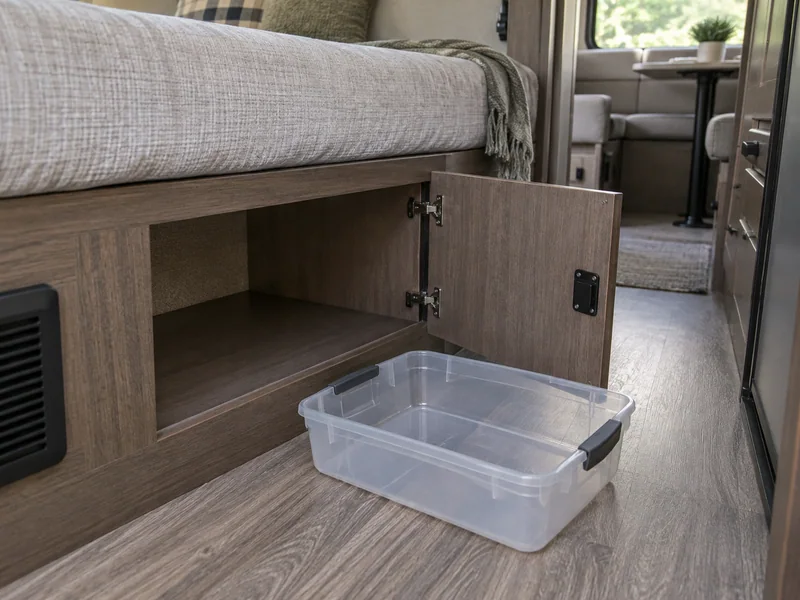 Empty shallow storage bin on the floor beside an under-bed side opening