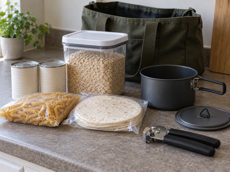 Dry ingredients, closed food containers and a camp pot ready for packing.