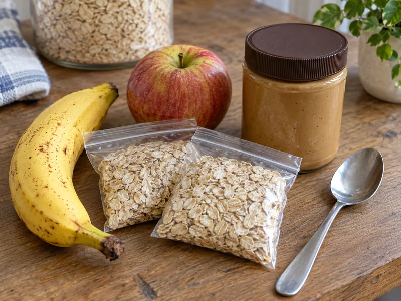 Two oat portions beside a closed jar and whole fruit.