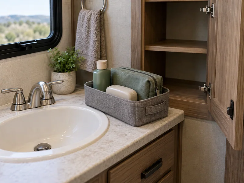 Small toiletry caddy beside its open dry storage cupboard