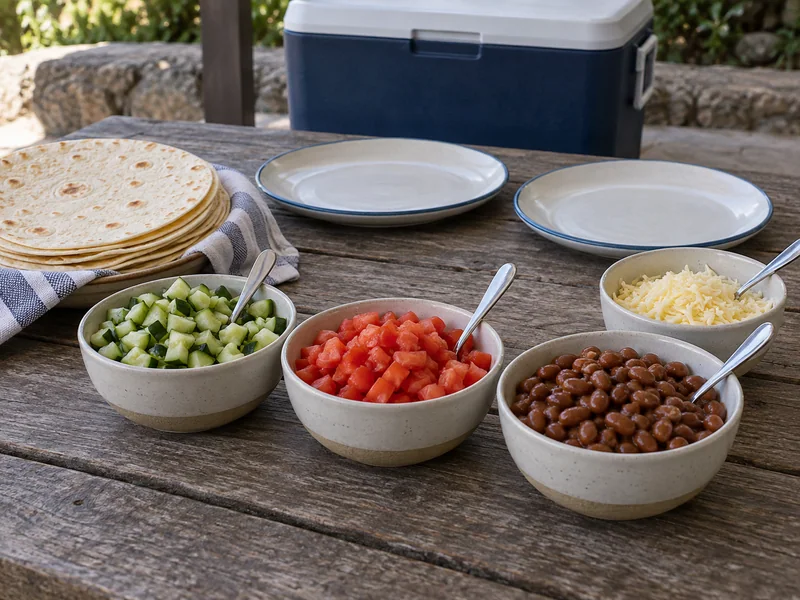 Vegetable toppings and optional cheese in separate bowls with individual spoons.