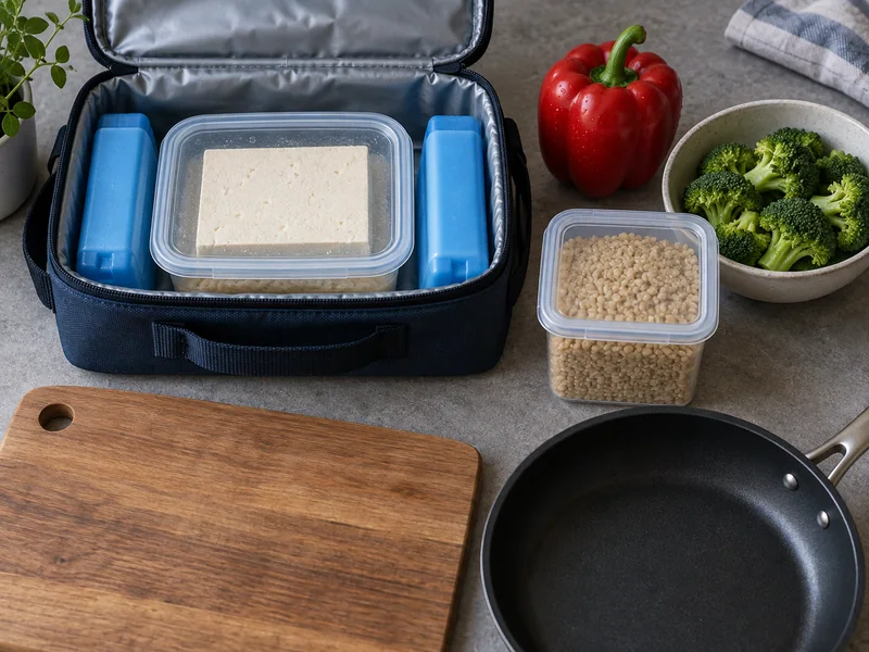Tofu, vegetables and a separate dry-grain container ready for meal planning.