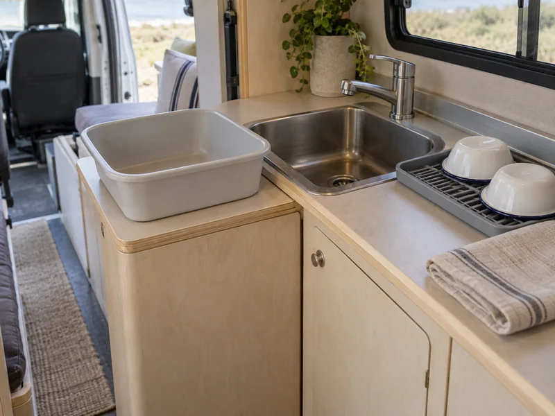 Campervan sink with an empty wash basin and a separate dish drying tray